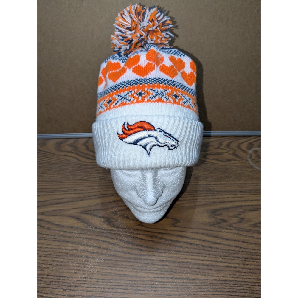 New Era Denver Broncos Womens Beanie Hat Knit Pom Fair Isle Hearts White Orange